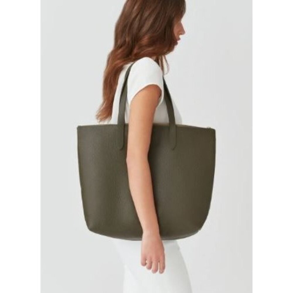 Cayana Dark Olive Green Classic Leather Zipper Tote Bag, Large, Pebbled READ